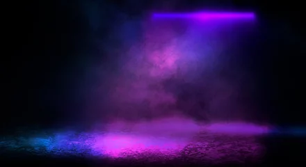 Fotobehang Background of empty room with spotlights and lights, abstract purple background with neon glow © MiaStendal