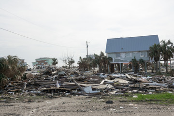 Debris and Destroyed Buildings on Gulf Coast in the Aftermath of Hurricane Michael