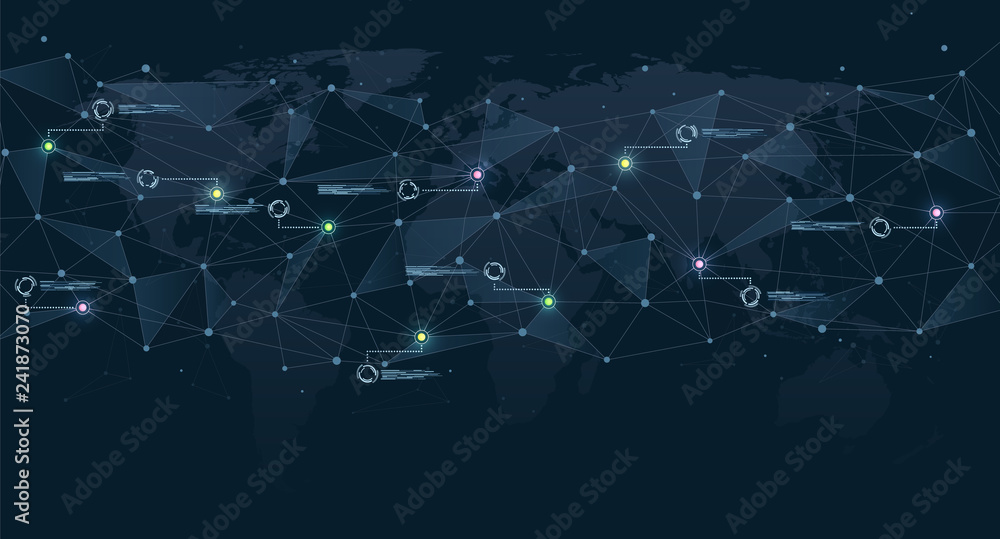 Poster structure of polygonal connections on world map with colored dots. global network and digital data v