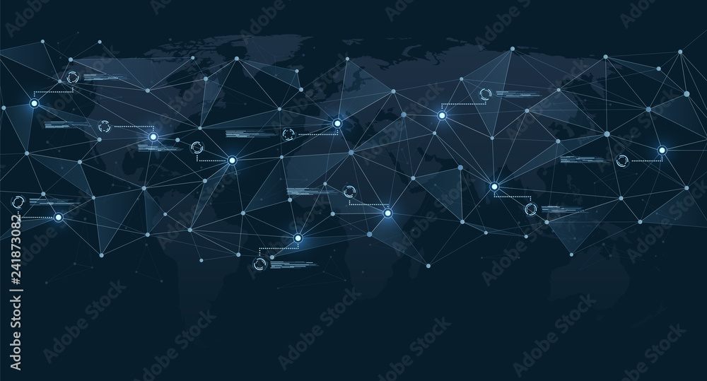 Poster structure of polygonal connections on world map. global network and digital data visualization. conc
