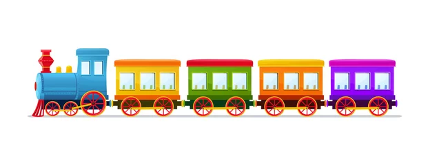 Fototapete Jungenzimmer Cartoon Spielzeugeisenbahn mit Farbwagen auf weißem Hintergrund.
