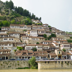 Obraz premium High angle view landscape from the ancient castle of the historic town of Berat in Albania, aerial view