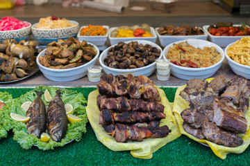 Barbeque meat stick at street christmas market, traditional ukraininan cuisine