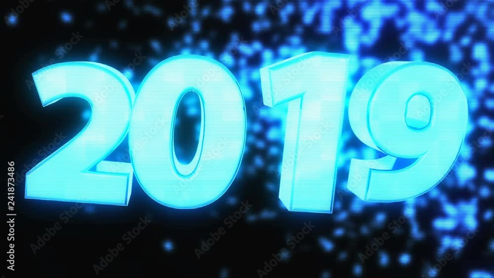 Poster 2019 bright text with hologram effect, 3d rendering computer generated background for new year and c
