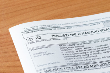 Close up for polish tax form SD-Z2. Form for notification regarding the getting case of property or property rights.