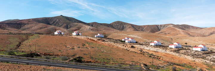 Newly built houses on the mountain in Fuerteventura. Canary Islands. Spain