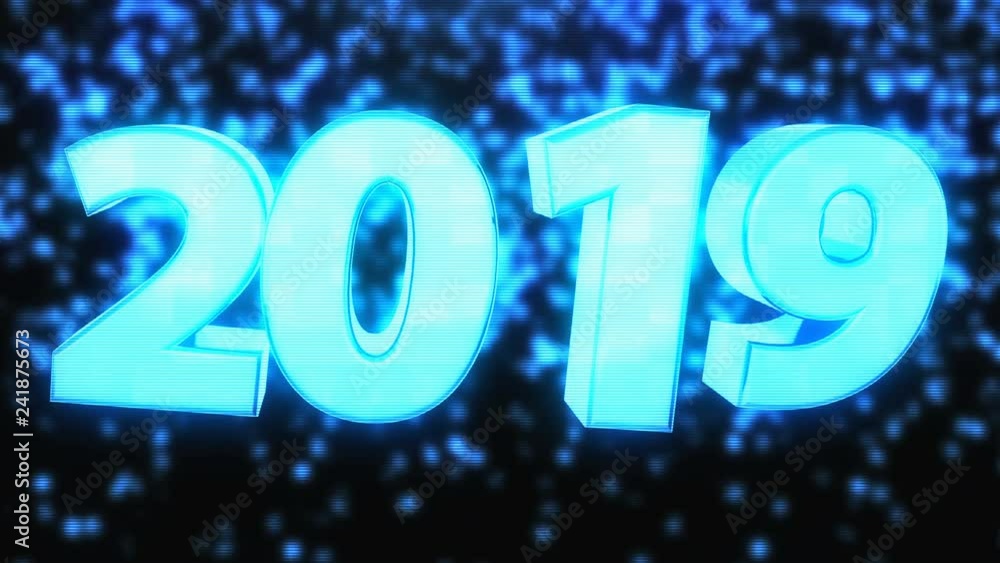 Poster 2019 bright text with hologram effect, 3d rendering computer generated background for new year and c