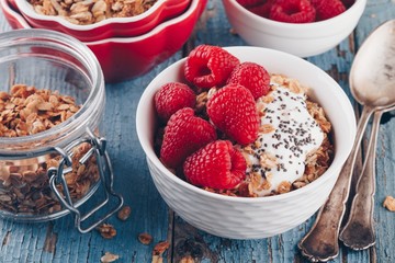 Healthy breakfast bowl granola with greek yogurt, fresh raspberries and chia seeds