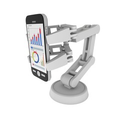 Robotic arm hold smartphone with big data. Manufacture technology industry assembly mechanic hand 3d render illustration isolated on white