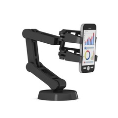 Robotic arm hold smartphone with big data. Manufacture technology industry assembly mechanic hand 3d render illustration isolated on white