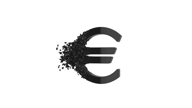 Fractured Euro value 3d model with disappearing effect. Financial crisis concept. Available in FullHD and HD video.