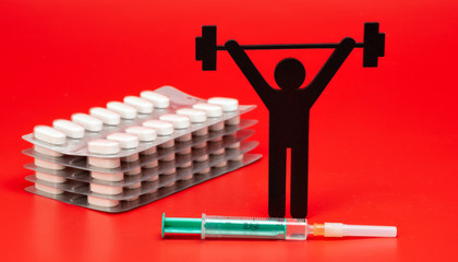 doping, sport, syringe, pills, weightlifting pictogram