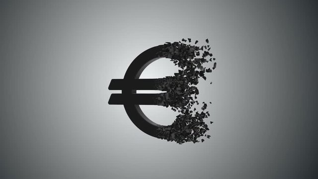 Fractured Euro value 3d model with disappearing effect. Financial crisis concept. Available in FullHD and HD video.
