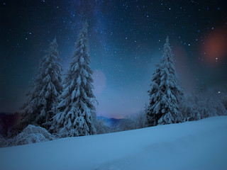 Fototapeta na wymiar Fairy-tale starry night in the Ukrainian Carpathian mountains with the galaxy Milky way in the sky and the glow of the full moon Winter frosty time on the background of a cozy little house.