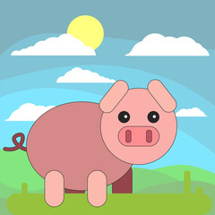 Pig in cartoon flat style on the background of meadows, sun and clouds.