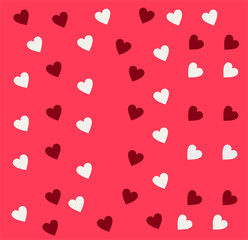 Simple hearts seamless vector pattern. Valentines day pink background. Flat design endless chaotic texture made of tiny heart silhouettes. Shades of red.