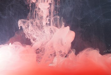 A drop of paint dissolves in water. Red paint is mixed with water.