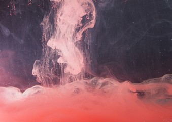 A drop of paint dissolves in water. Red paint is mixed with water.