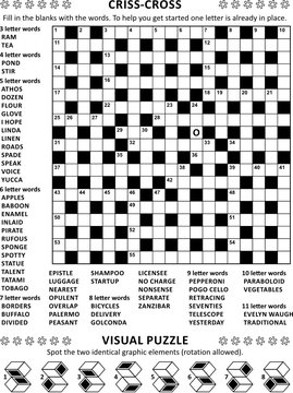 Puzzle Page With Two Puzzles: 19x19 Criss-cross (kriss-kross, Fill In The Blanks) Crossword Word Game (English Language) And Abstract Visual Puzzle. Black And White, A4 Or Letter Sized.
