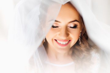 Close-up of the face of the bride's face with make-up and bridal