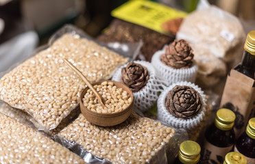 Pine nuts and cones on the counter