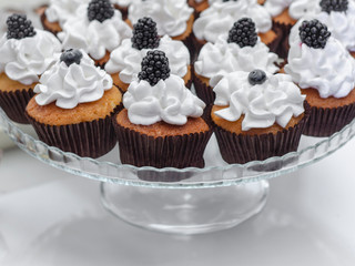 Delicate delicious vanilla cupcakes with cream cheese frosting, on a white wooden background, selective focus