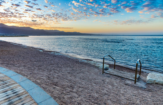 Morning at central public beach in Eilat - famous tourist resort and recreational city in Israel