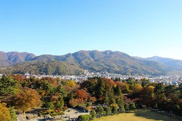 Fototapeta premium The view of Aizu Wakamatsu from Tsuruga castle, sky soft and blur 