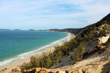 View onto Rainbow Beach from Carlo Sand Blow near Fraser Island on a sunny summer day (Great Sandy National Park, Queensland, Australia)