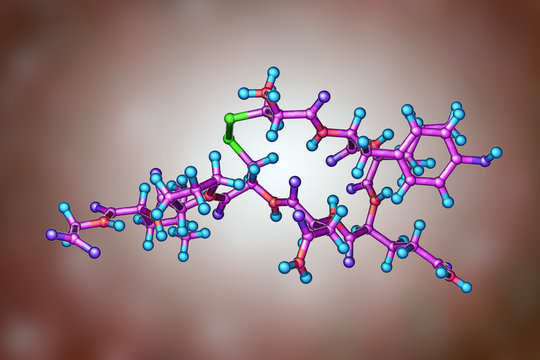 Molecule of oxytocin, a hormone released from the neurohypophysis, 3D illustration. It causes uterine contraction and milk ejection, used in gynecology and lactation treatment