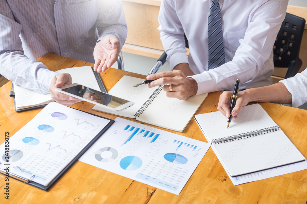 Poster business team data analyzing income charts document during discussion explain strategy meeting. on s