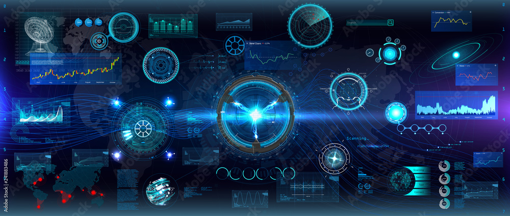 Poster Head up Design elements set. HUD circular technology concept. Futuristic dashboard elements. Futuristic User Interface, big set. ( graph, waves, arrow, bar regulator, circle, percent) HUD Vector set