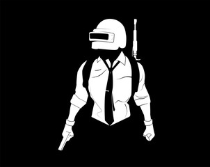Pubg player. Black and white illustration player from PlayerUnknown’s Battlegrounds. Silhouette soldier, in 3 lvl helmet and pistol. 