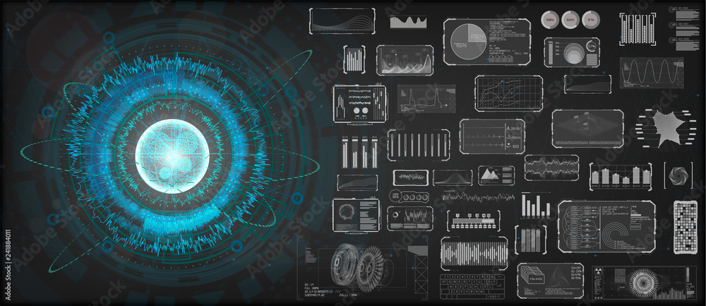 Poster High-tech Design elements set. HUD circular technology concept. Futuristic dashboard elements. Futuristic User Interface, big set. ( graph, waves, arrow, bar regulator, circle, percent) HUD Vector set