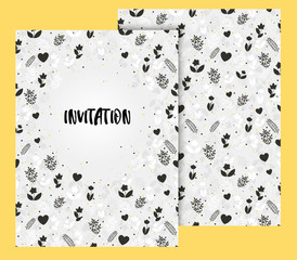 Elegant invitation card with detailed floral ornament. Minimalistic greeting card with flowers and dots