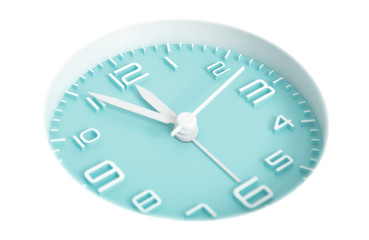 Narrow focus to clock with time 5 to 12 or 11.55 AM PM, turquoise clock face, on white background