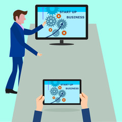 Hand hold a tablet show gear for start up business.
