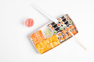 Assorted sushi set on white background Space for text Top view delivery social media