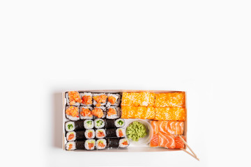Assorted sushi set on white background Space for text Top view delivery social media
