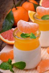 Creamy panna cotta and orange citrus jelly. Two layered dessert surrounded by fruits