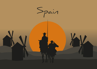 Vector Ilustration silhouette of Don Quixote de la Mancha, of Cervantes spanish novelist, with windmills and sunset