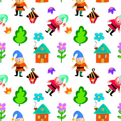 Funny colorful gnome wirh house, lantern,flowers seamless pattern for kids
