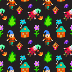 Funny colorful gnome wirh house, lantern,flowers seamless pattern for kids
