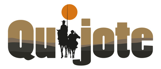 The word Spain with the draw of Don Quixote de la Mancha silhouette, of Cervantes spanish novelist