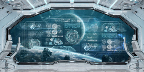 White spaceship interior with control panel digital screens 3D rendering © sdecoret