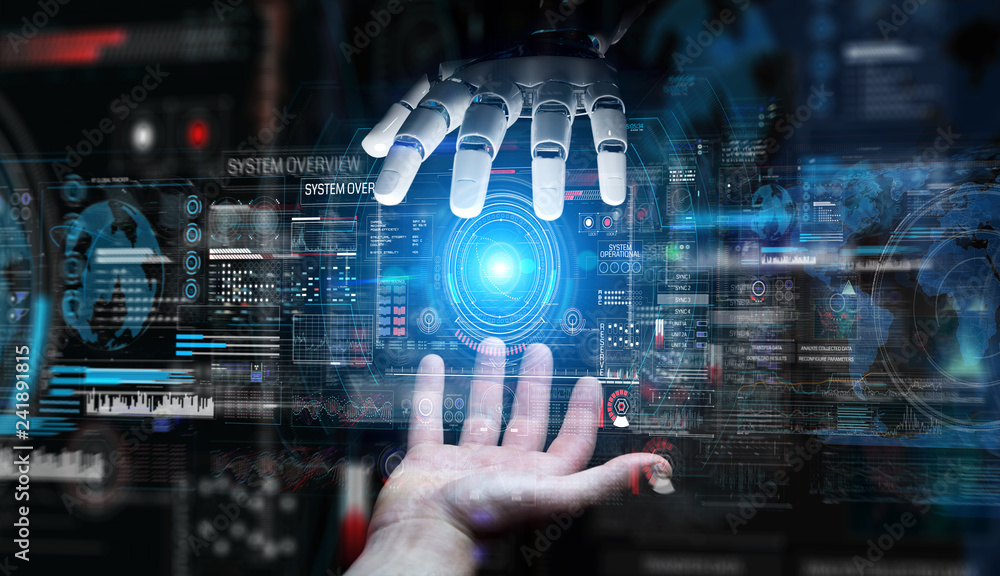 Leinwandbilder robot hand and human hand touching digital graph interface 3d rendering