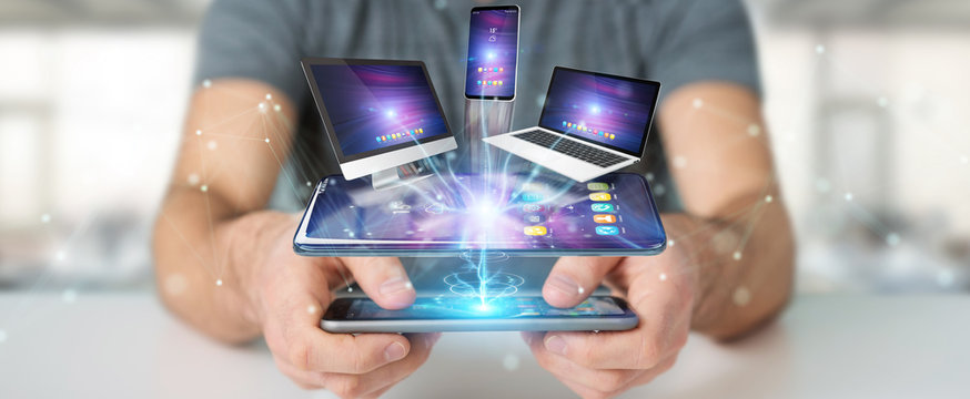Modern devices connected in businessman hand 3D rendering