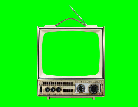 Grungy Vintage Portable Television Isolated With Chroma Green Screen And Background.