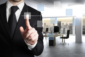 businessman pushing virtual touchscreen button with modern clean office background network 3D...