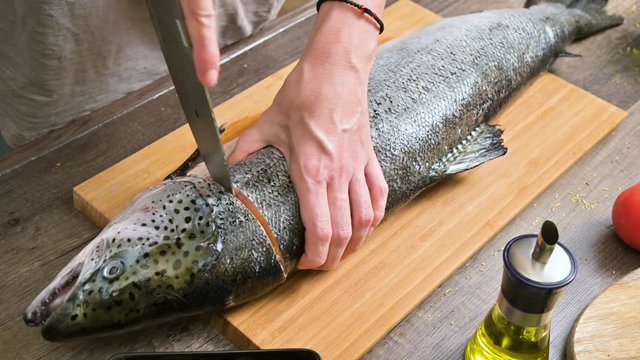 Close-up of female hands are cutting with a knife a large salmon on a wooden table of home cooking